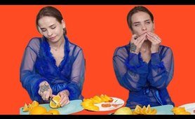 Slicing Juicy Oranges in a Mesmerizing Blue Robe!