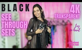 4K TRANSPARENT see-through BLACK outfits TRY ON with MIRROR view | Natural Petite Body