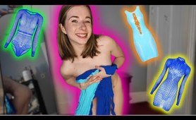 4K Transparent Blue Fishnet Dresses & Bodysuit TRY ON with Mirror View! // itsMeganSins