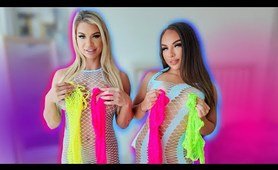 4K TRANSPARENT Neon Dresses TRY ON with Mirror View! Ana Daisy Scott & Denise Anders TryOn