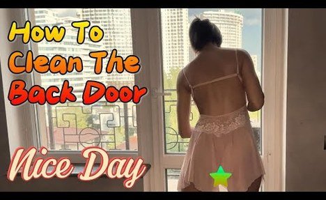 [4k] cleaning back door with pink transparent lingerie