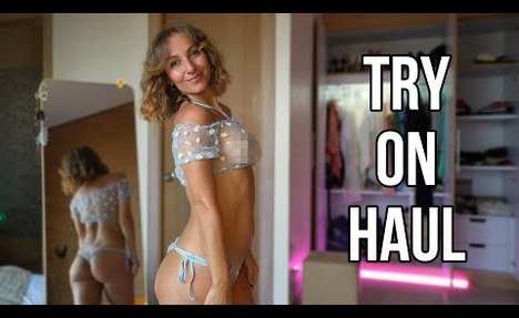 Try on haul Transparent blue bra and panties with Kriss