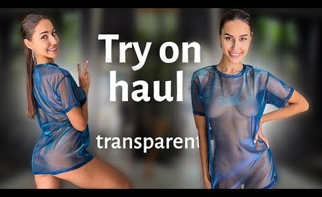 [4K USA] NEW BLUE DELICATE VERY TRANSPARENT DRESS video! NO BRA, NO PANTY! Novelty Sheer Wow Effect