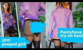 Spy peeped girl! Shiny pantyhose review! See through undies try on haul fashion review thong haul